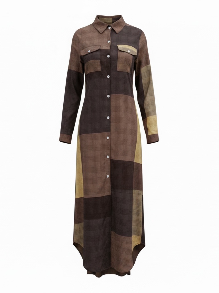 Long Plaid Button-Front Shirt Dress In Brown And Tan